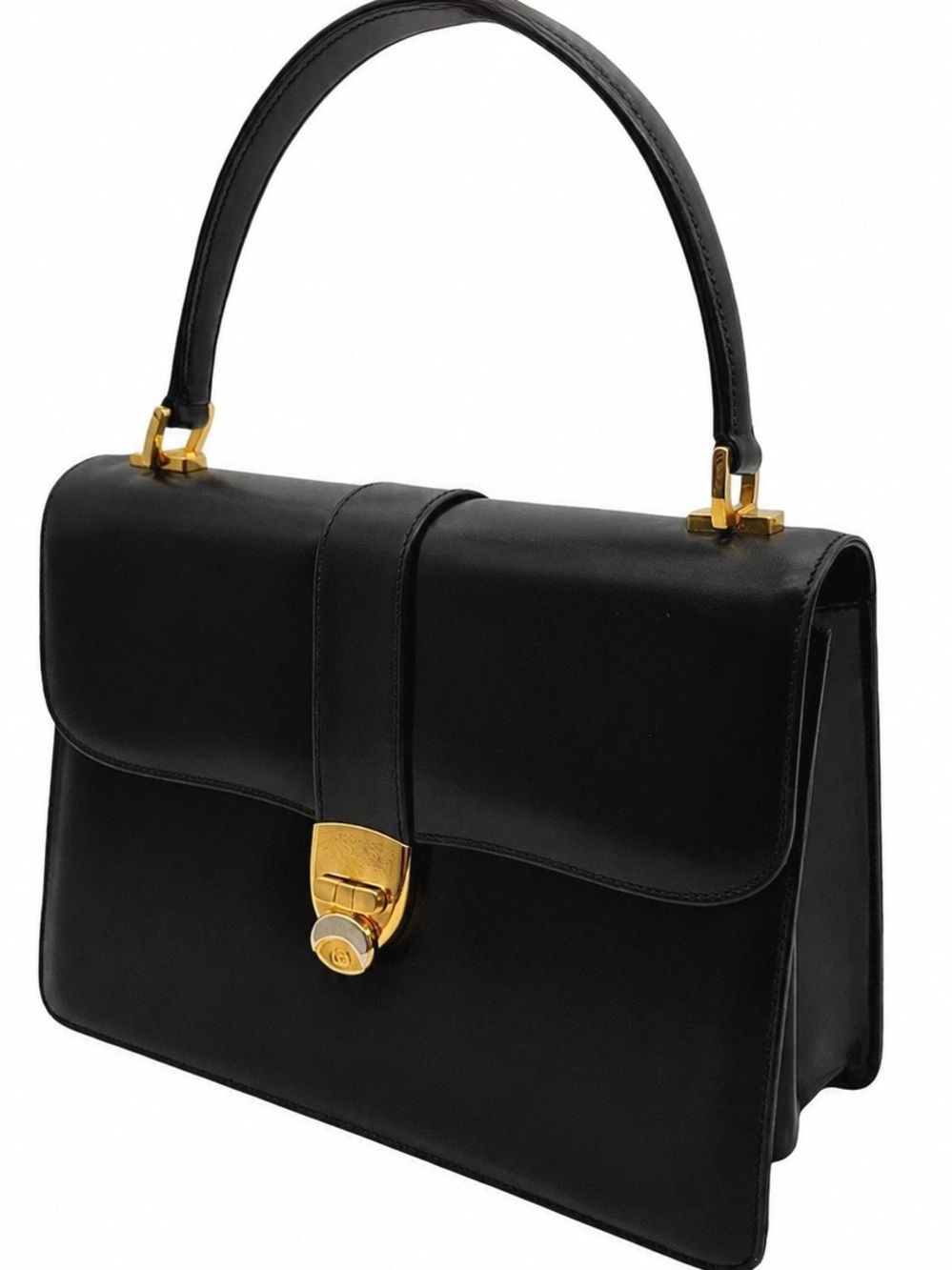 Vintage Gucci Black Leather Structured Top Handle Handbag GG Clasp